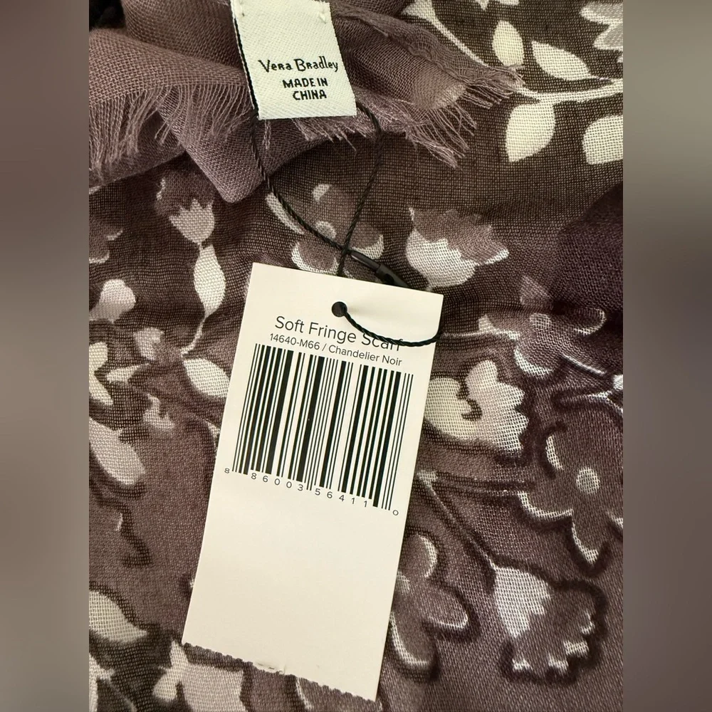 Vera Bradley Floral Scarf in Brown and White with fringe - Picture 2 of 10